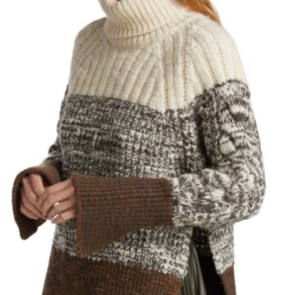 PHILLIP LIM Chunky Striped Turtleneck Wool Sweater Grey Beige in Size L - Picture 2 of 12
